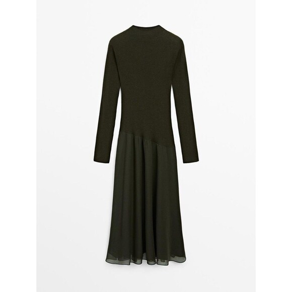 MASSIMO DUTTI Contrast Knit Dress Olive Green Size Large Mock Neck Flowy Bottom - Picture 3 of 16